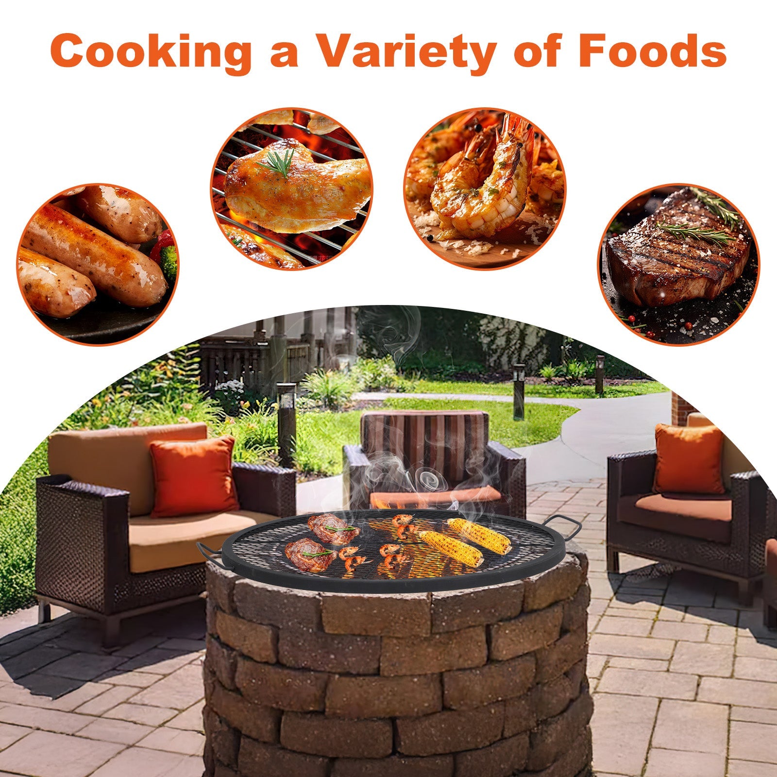 Garvee 36 Inch Heavy Duty Round Fire Pit Grill Grate with X-Marks, Non-Stick Carbon Steel BBQ Cooking Grid with Handles, Rust Resistant, Outdoor Campfire Accessory for Camping, RV, Backyard – Not Collapsible, Round with Handle, Diameter 36 Inches