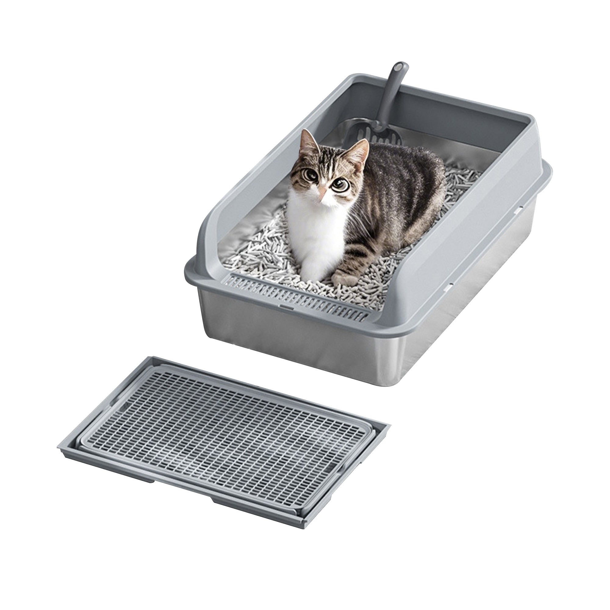 Garvee Stainless Steel Cat Litter Box with Lid, 23.6"x15.8"x9.8" Large Litter Box for Big Cats, Anti Leakage, Odor-Free & Easy Cleaning Metal Litter Pan Include Scoop, Non-Sticky with High Wall Sides-grey