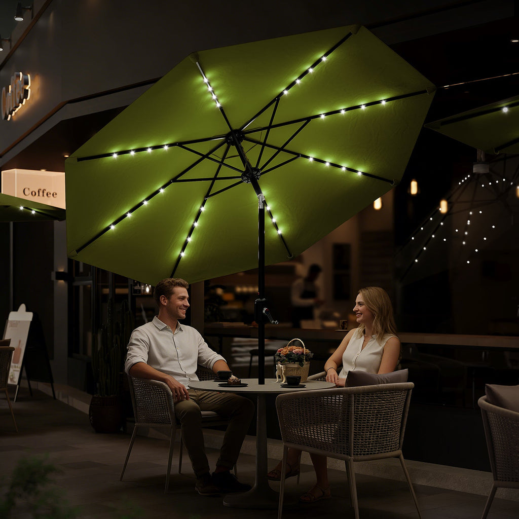 Garvee 9FT Solar LED Patio Umbrella with 32 Lights, Tilt & Crank Outdoor Market Umbrella, UV & Water Resistant, 8 Ribs Sunshade for Garden, Deck, Pool & Table, Green
