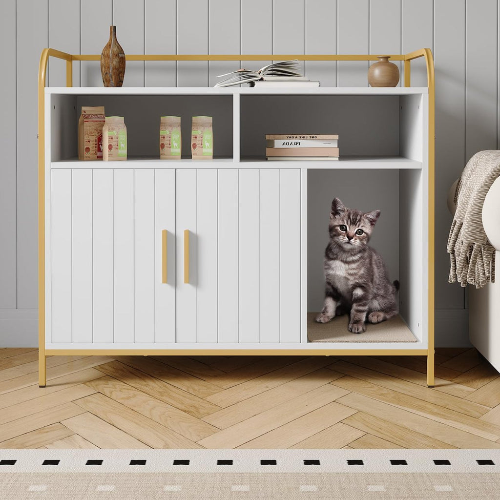 Garvee Cat Litter Box Enclosure, Wooden Cat Washroom Furniture with Barn Door, Storage Shelf and Top Display Shelf, Hidden Litter Box Cover, Dog Proof Feline Litter Boxes, Kitty House, Fits Most Litter Boxes, White
