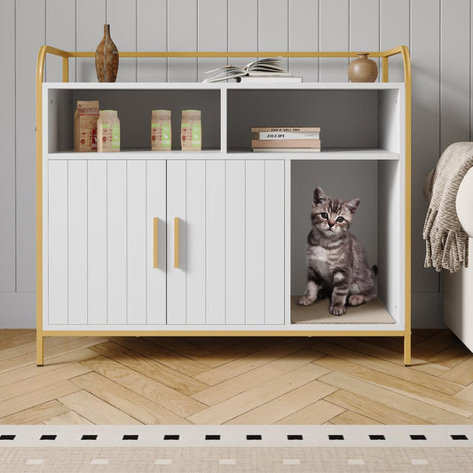 Garvee Cat Litter Box Enclosure, Wooden Cat Washroom Furniture with Barn Door, Storage Shelf and Top Display Shelf, Hidden Litter Box Cover, Dog Proof Feline Litter Boxes, Kitty House, Fits Most Litter Boxes, White