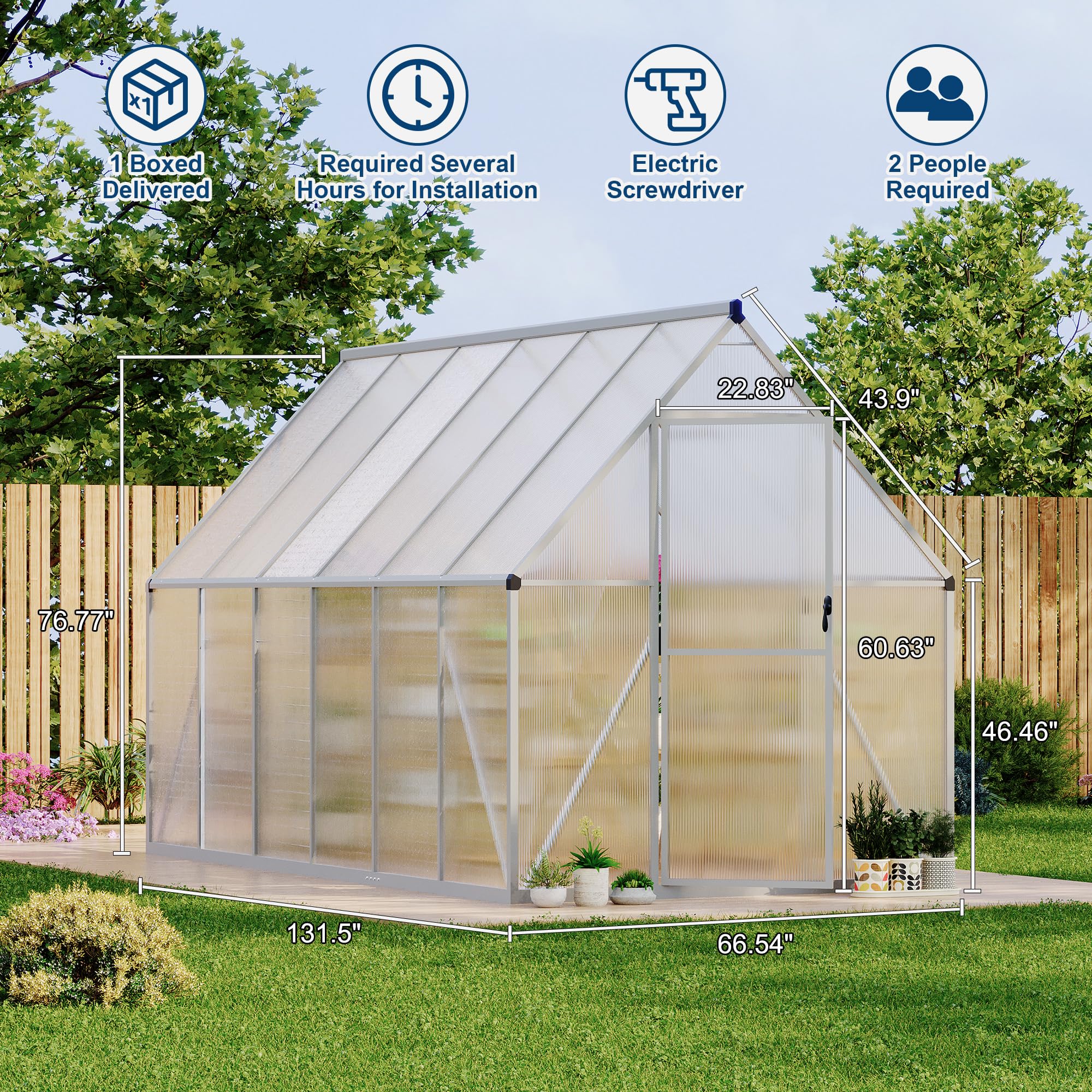 Garvee Heavy Duty Aluminum Polycarbonate Greenhouse Kit - 6x11 FT Large Walk-In Outdoor Garden Greenhouse with Roof Vent, Double Swing Doors, Quick Setup, Enhanced Ventilation - Silver