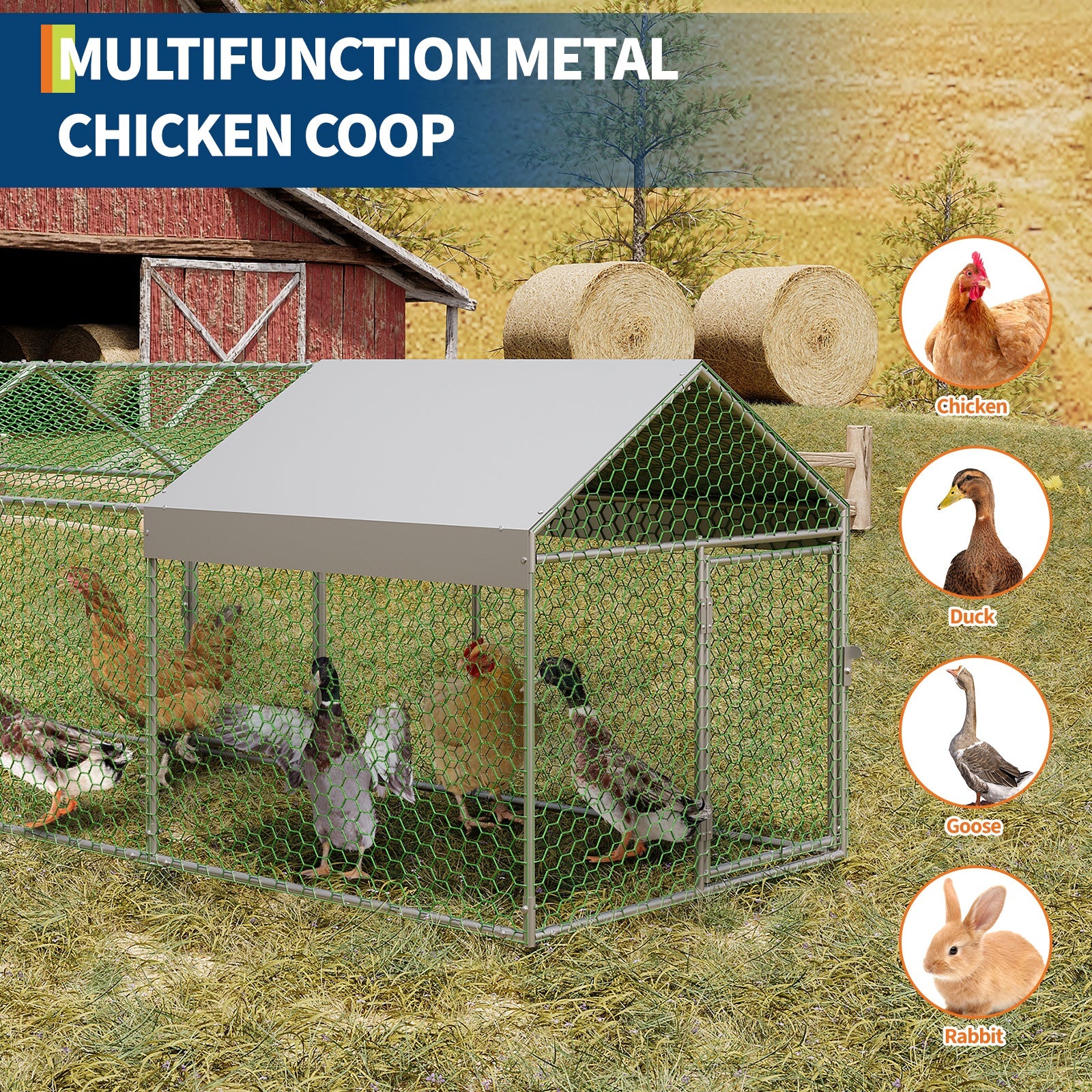 Garvee Large Metal Chicken Coop, Chicken Runs for Yard with Waterproof and Anti-UV Cover, Portable chicken coop for Outdoor Chicken Rabbit Duck, Silver, 160"×40"×40"