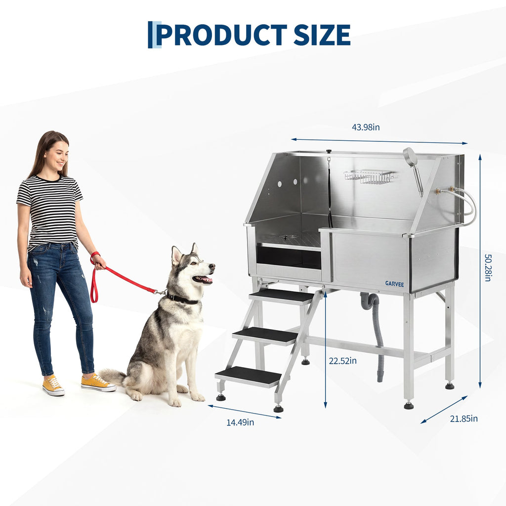 Garvee 46 Inch Stainless Steel Dog Washing Station, Heavy Duty Pet Grooming Bathtub with Access Stairs, Brushed Finish, Left Door Options