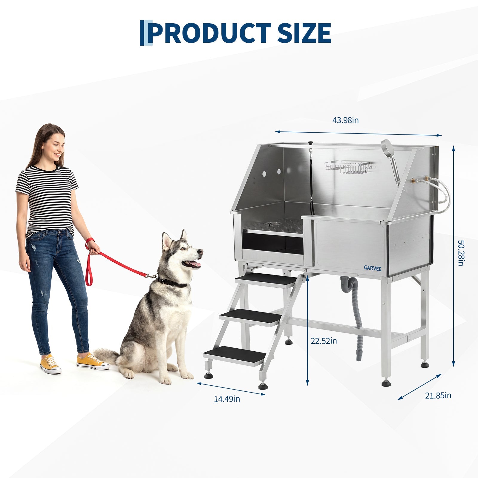 Garvee 46 Inch Stainless Steel Dog Washing Station, Heavy Duty Pet Grooming Bathtub with Access Stairs, Brushed Finish, Left Door Options