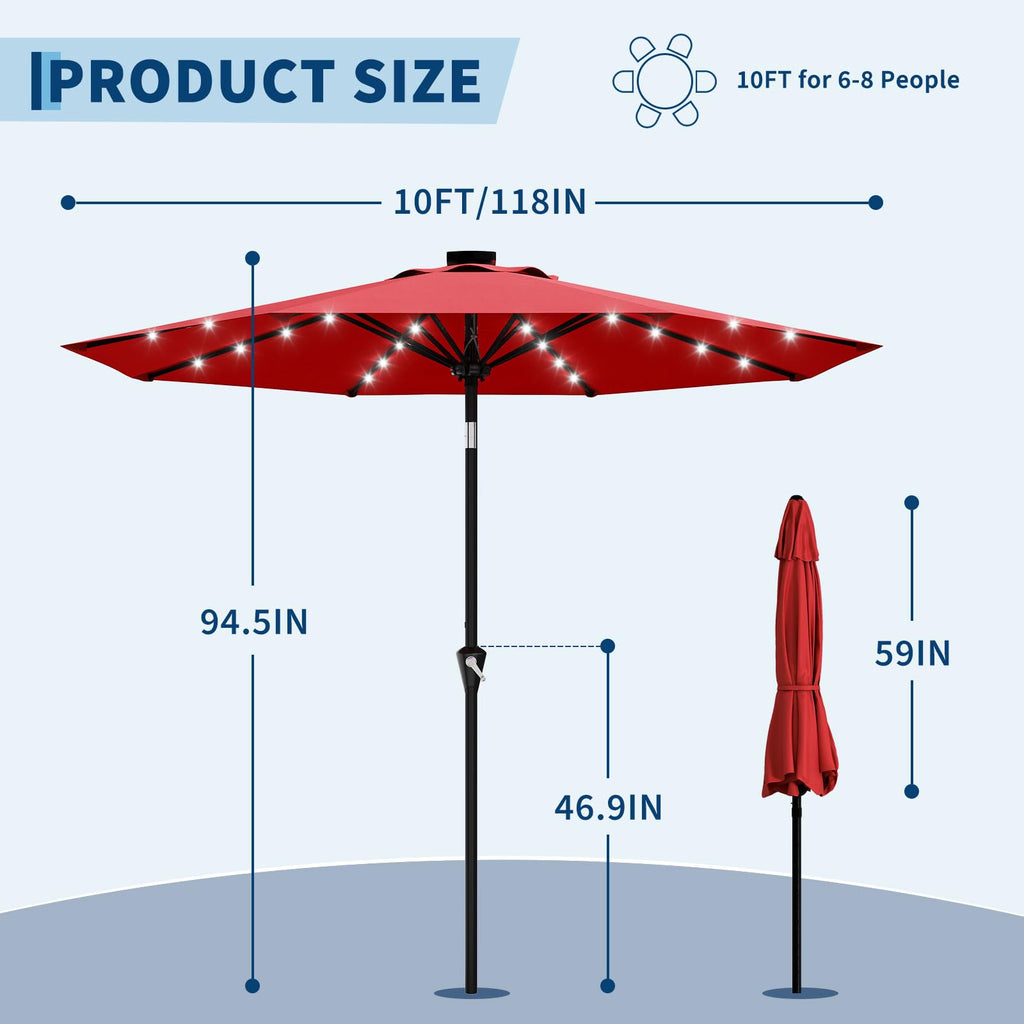Garvee 10 ft Solar Patio Umbrella with 32 LED Lights, Outdoor Market Umbrella with Crank Lift & Tilt, UV-Resistant Canopy for Pool, Garden & Backyard, Red