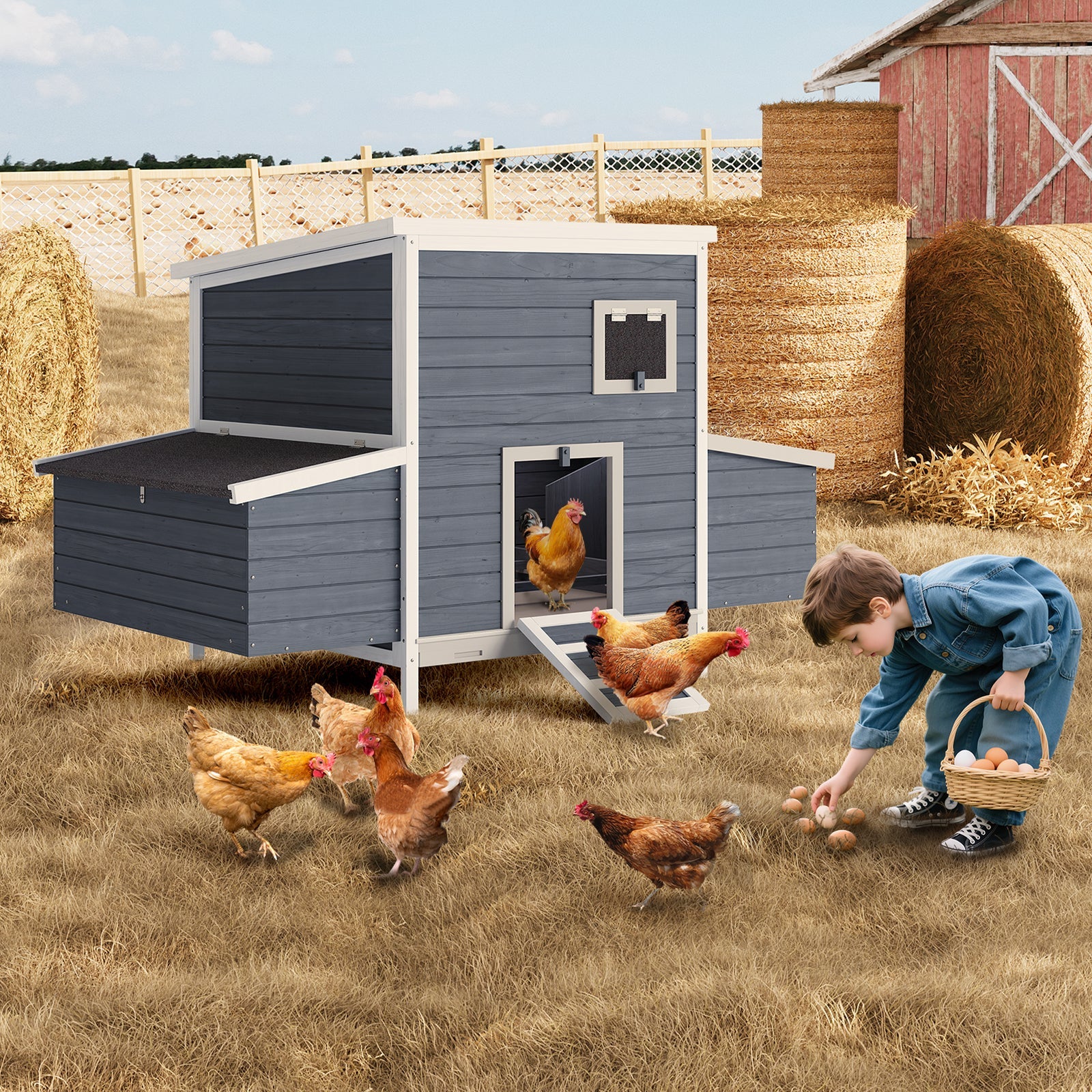 Garvee Large Wooden Small Animal House Outdoor, Weatherproof Pet Shelter for Rabbits, Chickens, Ducks & Small Pets with Nesting Box & Lockable Doors