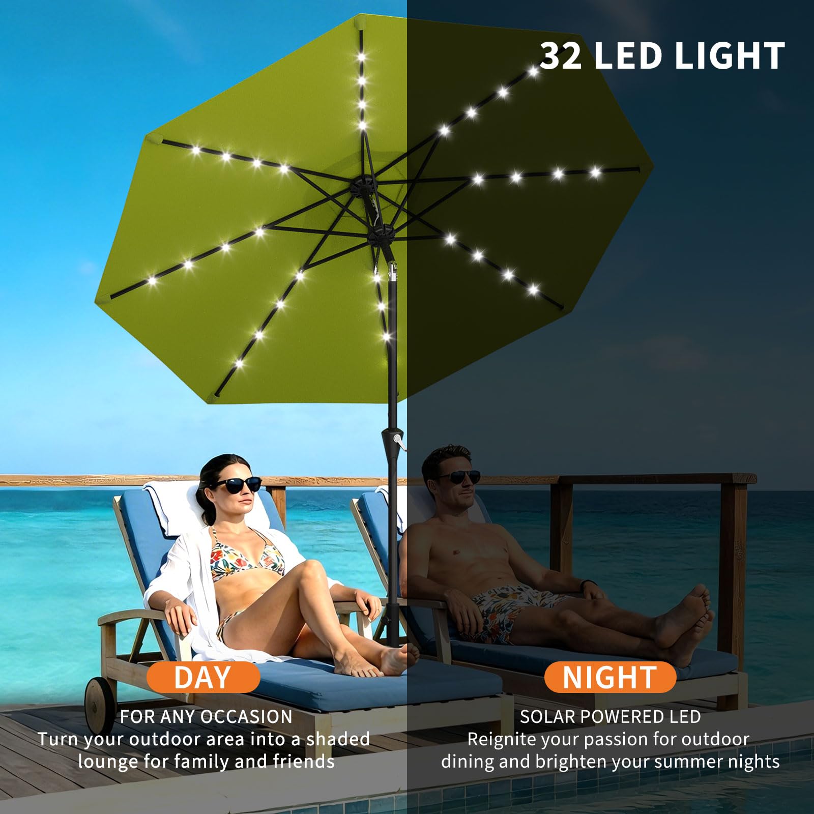 Garvee 10 ft Solar Patio Umbrella with 32 LED Lights, Outdoor Market Umbrella with Crank Lift & Tilt, UV-Resistant Canopy for Pool, Garden & Backyard, Apple Green