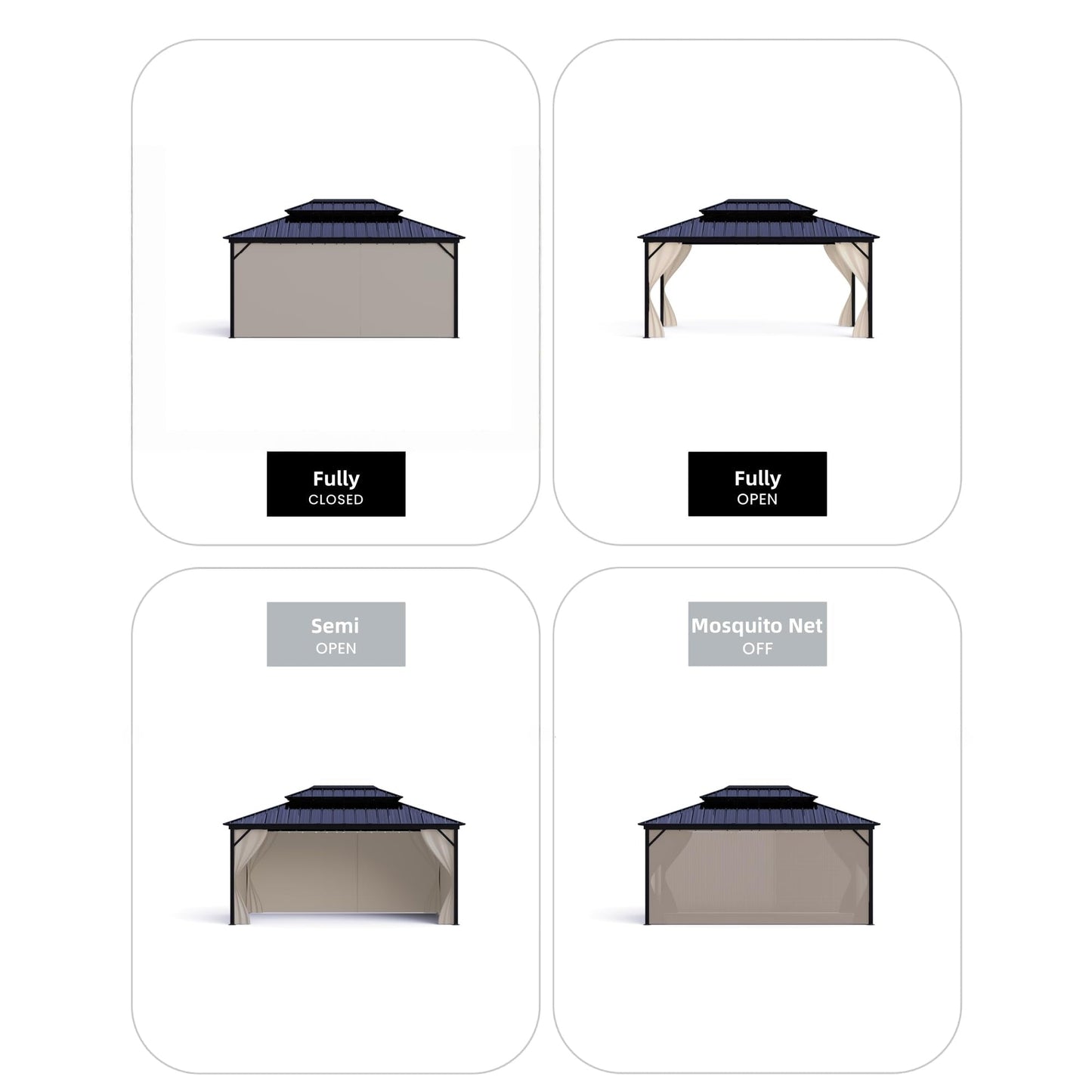 Garvee Hardtop Gazebo, 12 x 16 FT Khaki Permanent Pavilion with Double Metal Roof, Aluminum Alloy Frame, Netting and Curtains for Patio and Backyard