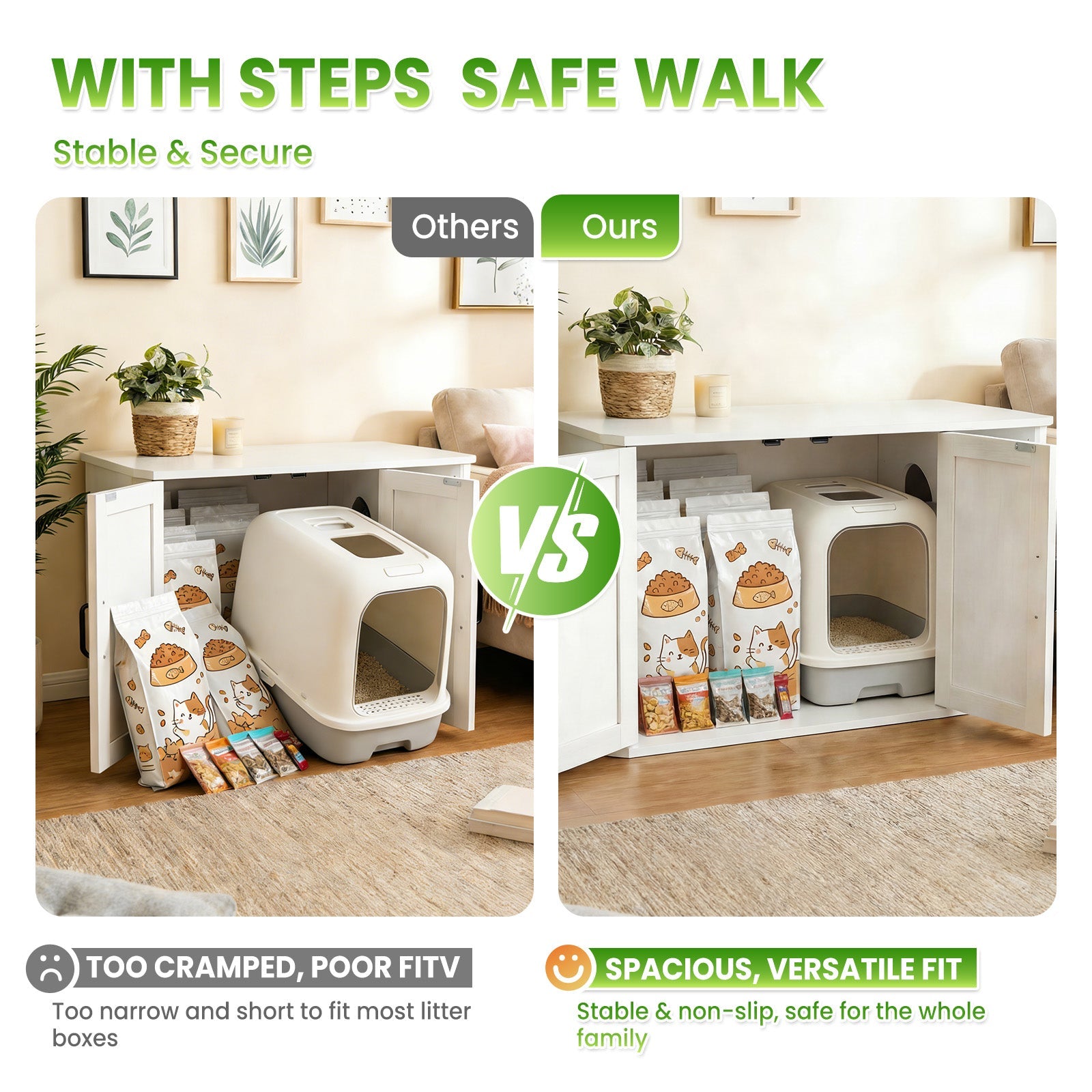 Garvee Modern Wooden Cat Litter Box Furniture – Double-Door Hidden Washroom Cabinet with Side Entry – Easy to Clean, Odor Control – Spacious Cat House End Table – White