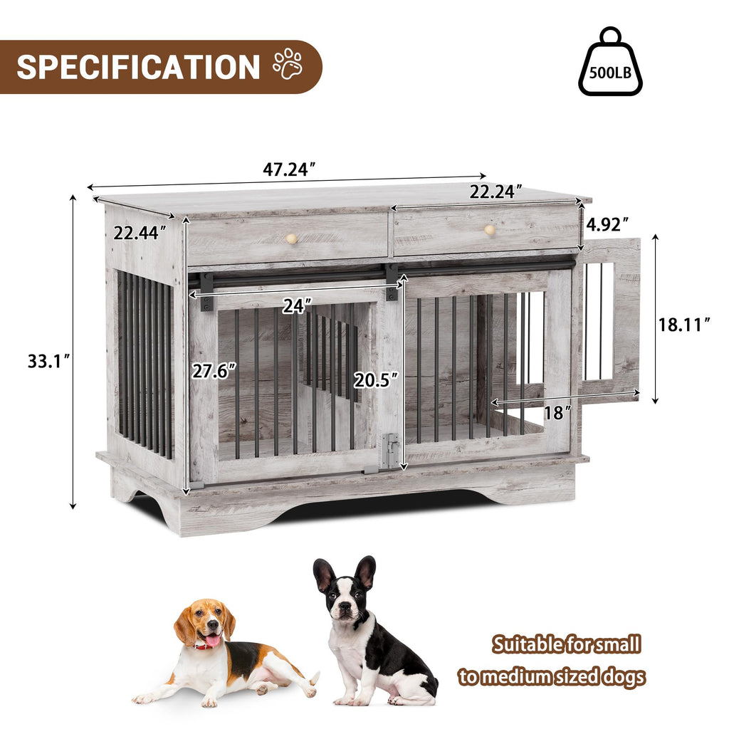 Garvee 2 Pack Spacious Double Dog Crate Furniture, 47" Large Dog Kennel, Removable Divider, 2 Storage Drawers, Chew-Resistant, Triple Door End Table for Small/Medium/Large Dogs, Gray
