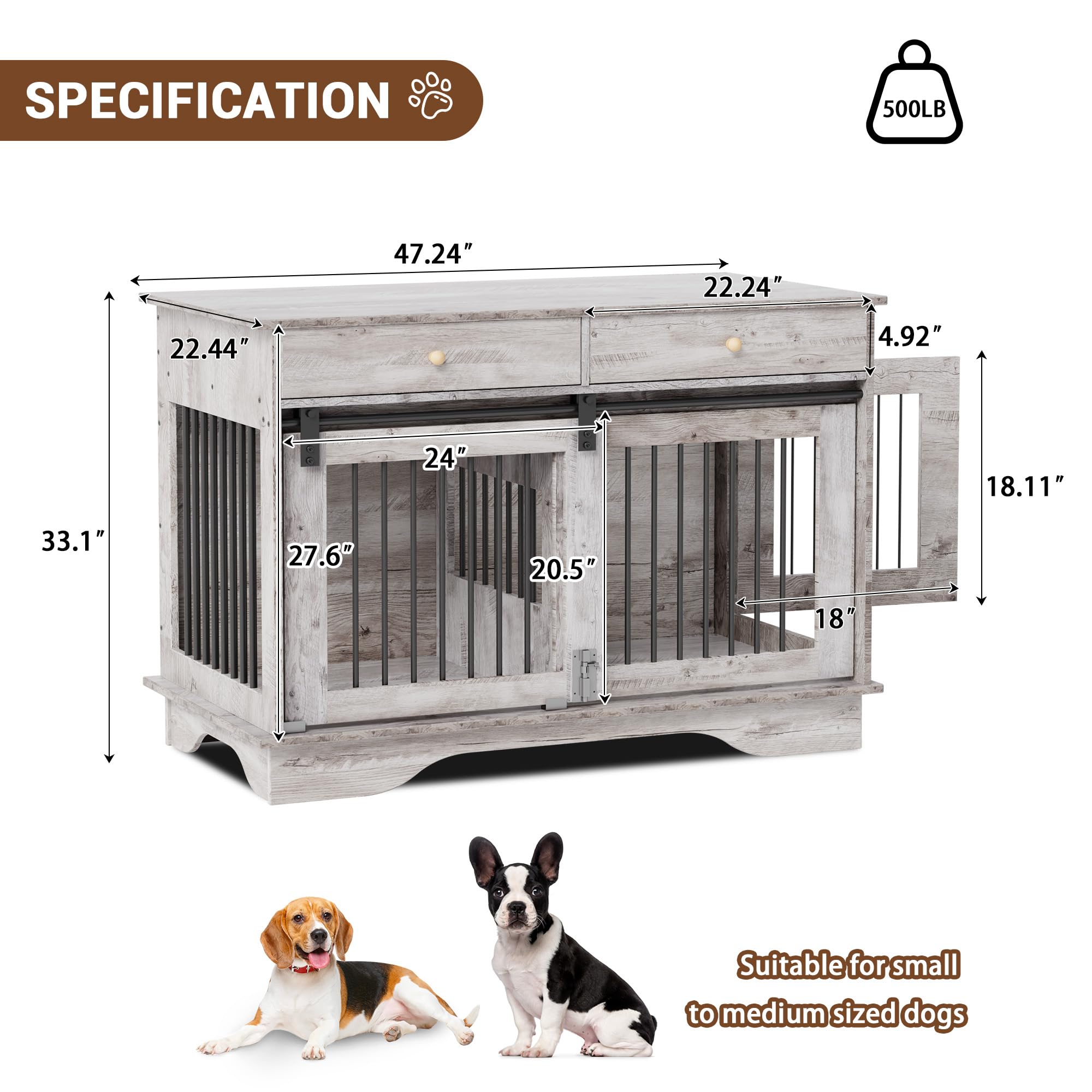Garvee 2 Pack Spacious Double Dog Crate Furniture, 47" Large Dog Kennel, Removable Divider, 2 Storage Drawers, Chew-Resistant, Triple Door End Table for Small/Medium/Large Dogs, Gray