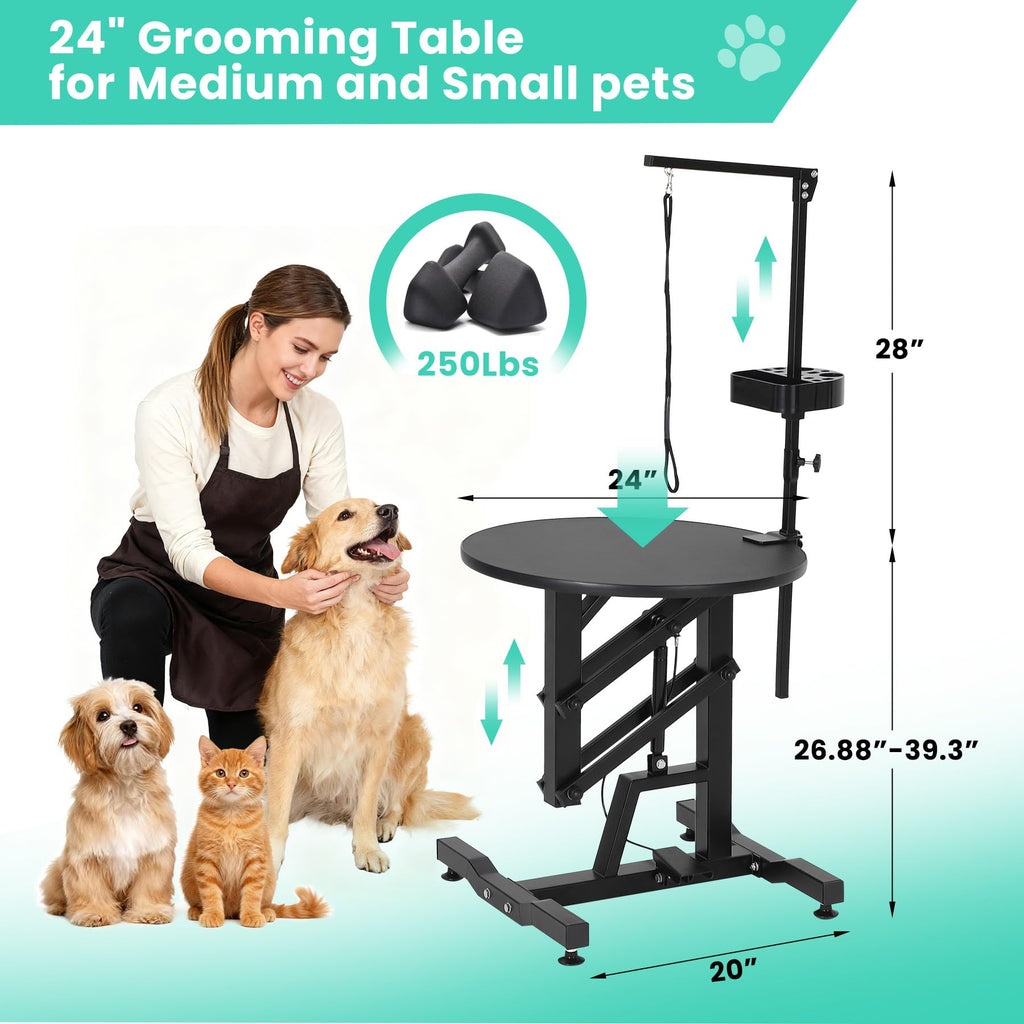 Garvee 24“ Hydraulic Lift Pet Grooming Table, Adjustable Cat Drying Rotating Desktop - Foldable, Adjustable Arm, Portable, Non-Slip Dog Grooming Table for Dogs at Home, Capacity 250 LBS