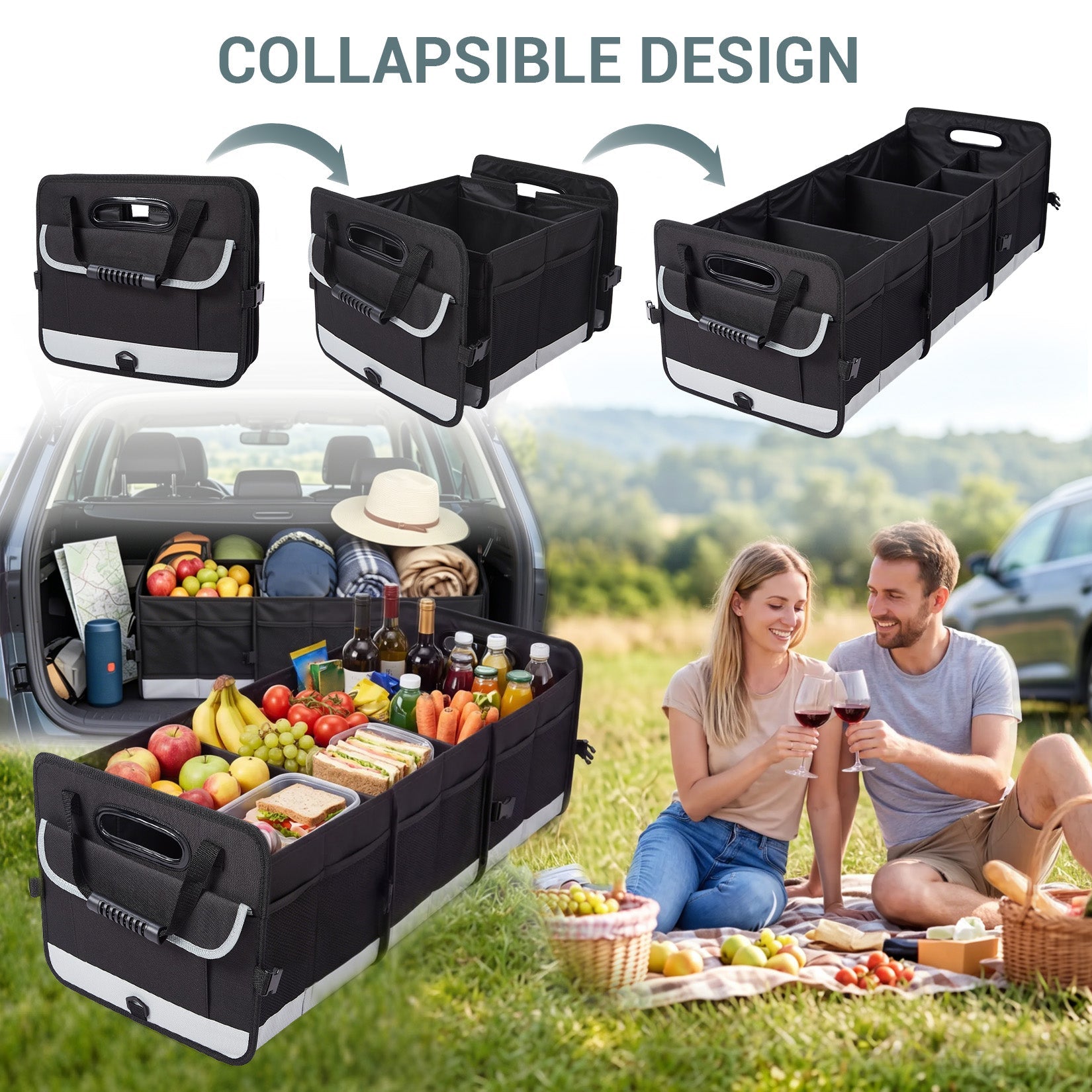 Garvee Heavy-Duty Car Trunk Organizer with Lid & Handles – Large Collapsible Storage Bag – Non-Slip, 3 Compartments – For SUV, Truck, Pickup Bed, Black Gray