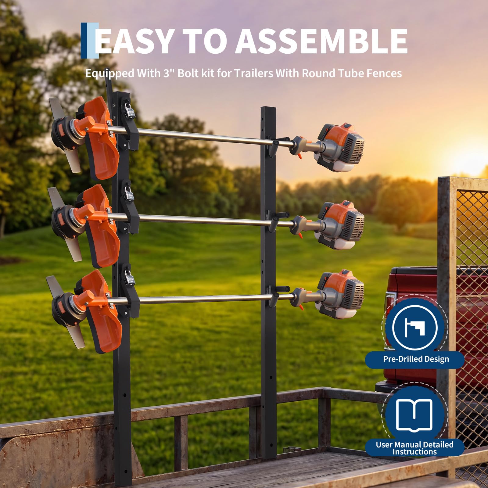 Garvee Heavy-Duty 3-Place Weed Eater Rack for Trailer - Global Steel Trimmer Holder with 3 Secure Locks, Fits Open & Enclosed Landscape Utility Trailers, Cargo Mount for Tools, 2-Pack