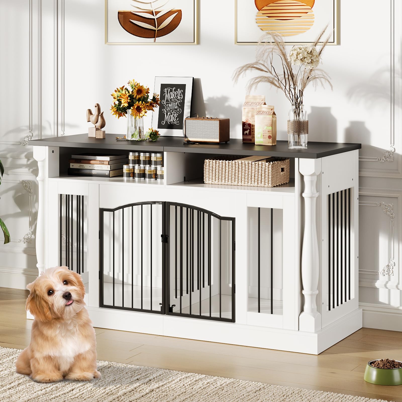 Garvee Roman Column 63 Inch Large Dog Crate Furniture for 2 Dogs with Open Storage, Heavy Duty Dog Kennel Entertainment Table TV Stand for Small and Medium Dogs, Black Table Top
