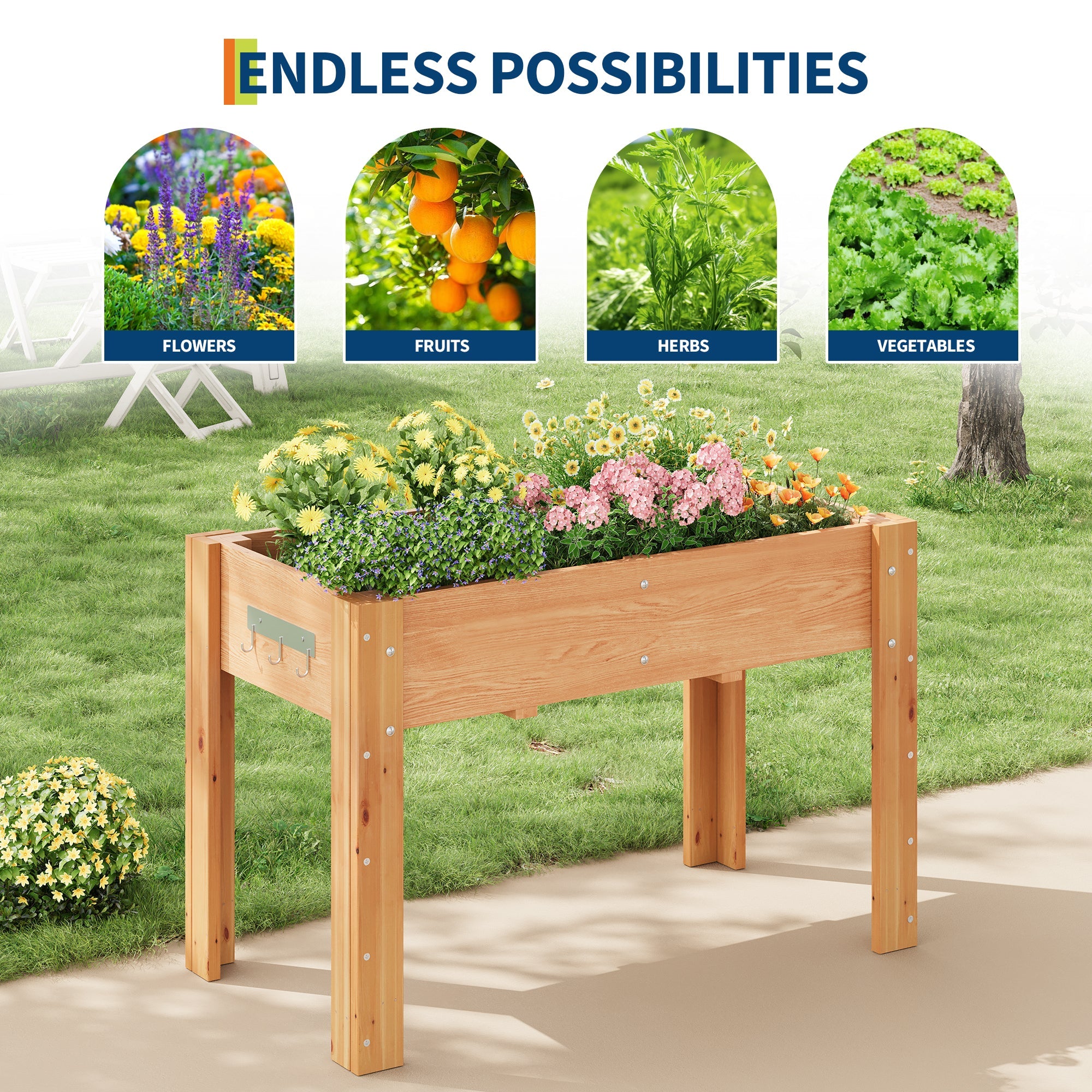 Garvee Ergonomic Wooden Raised Garden Bed with Legs & Hooks, 47" x 30" x 22" Large Outdoor Planter Box with Non-Woven Liner, Easy Assembly for Vegetables, Herbs & Flowers, Oak