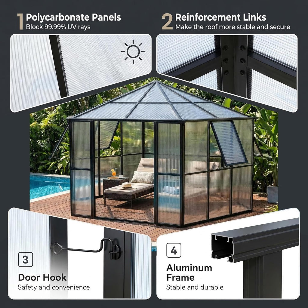 Garvee Hexagonal Walk-In Greenhouse 12×10×8 ft, 4mm UV-Resistant Polycarbonate Panels, 2 Vents & Dual Lockable Doors for Backyard Garden