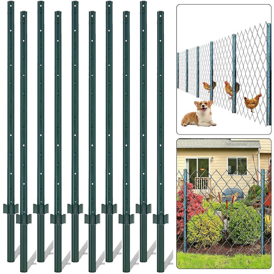 Garvee Heavy Duty Metal U-Channel Fence Stakes (10-Pack) – 5FT Weather Resistant Green Coated Garden Posts with Stability Anchor Plates for Farm, Lawn & Yard Wire Fencing