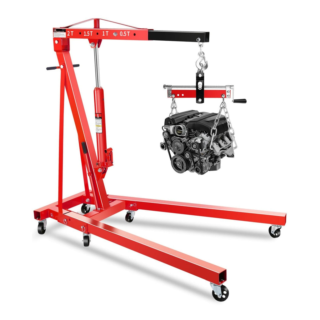 Garvee 2-Ton Hydraulic Engine Hoist Crane with 6-Wheel Stability, Folding Design, Military-Grade Steel, Locking Brakes, Adjustable Boom - Garage & Workshop, Red