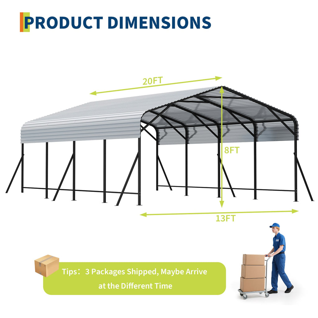 Garvee 20x20x9FT Heavy Duty Metal Carport with Galvanized Steel Roof, Oversized Outdoor Garage Shelter with Steel Frame, Waterproof & UV-Resistant Carport for Cars, Boats, Trucks & Tractors, White