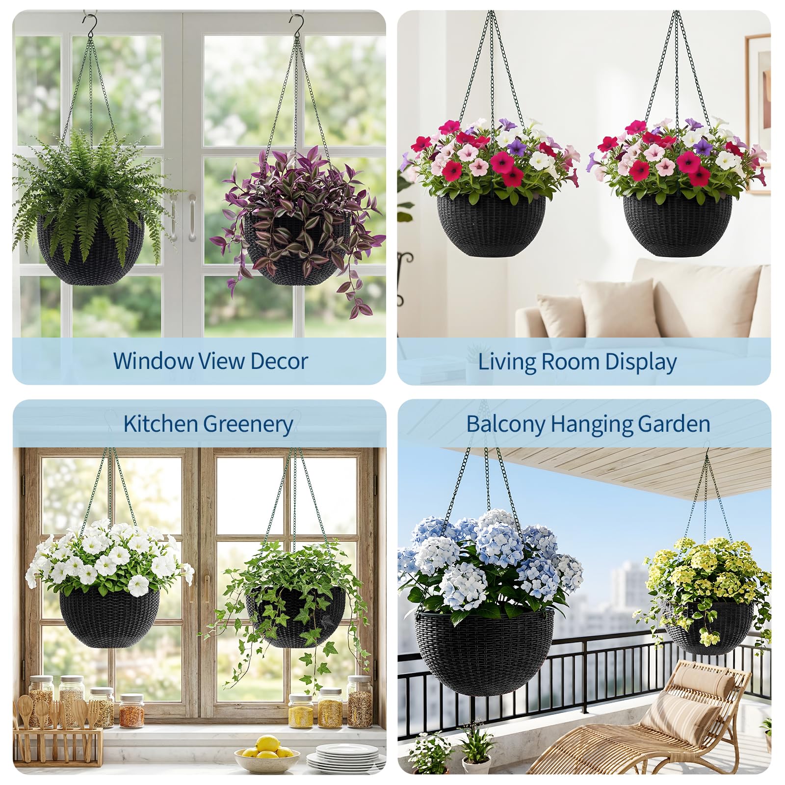 Garvee Self-Watering Hanging Planters for Indoor & Outdoor Plants, 4-Pack 13.8 in Resin Baskets with Rattan Look, Drainage Plugs and Triple-Chain Hangers
