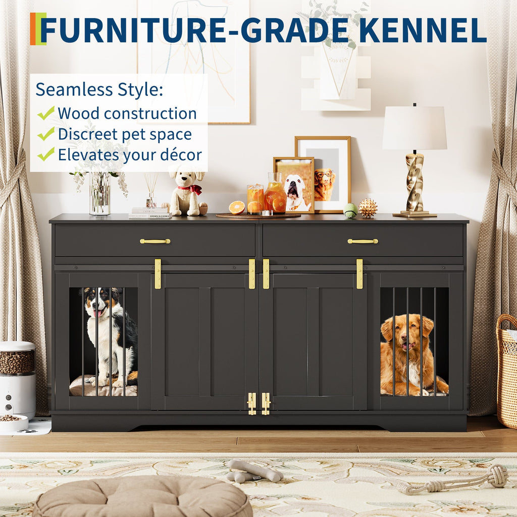 Garvee 71" Extra Large Dog Crate Furniture, Heavy Duty Wood  Double Kennel Furniture with Removable Divider, 2 Lockable Doors & 2 Drawers, Indoor Pet Crate End Table TV Stand for Living Room