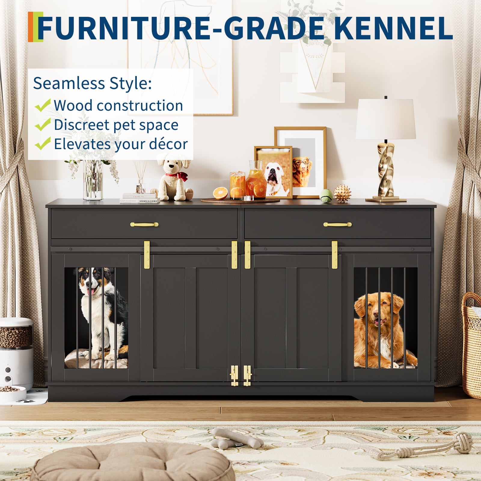Garvee 71" Extra Large Dog Crate Furniture, Heavy Duty Wood  Double Kennel Furniture with Removable Divider, 2 Lockable Doors & 2 Drawers, Indoor Pet Crate End Table TV Stand for Living Room
