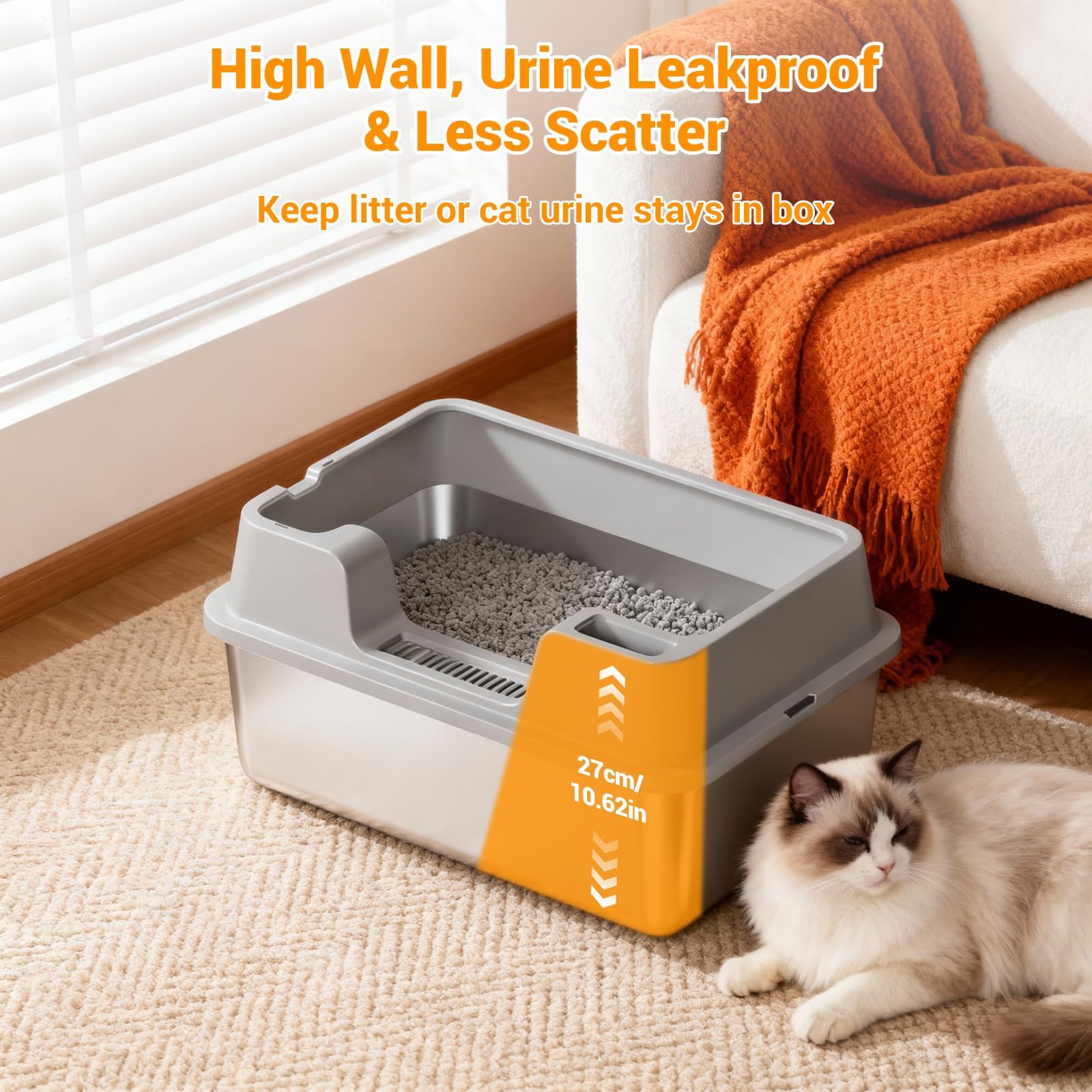 Garvee Large Stainless Steel Cat Litter Box, High Side Litter Box with Non-Stick, Scoop & Odor-Resistant, Metal Cat Pan for Multiple Cats, Rabbits & Small Pets, Easy to Clean, Gray
