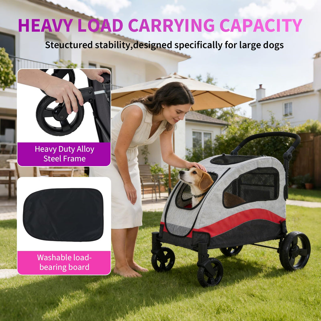 Garvee Foldable Dog Stroller, Large Dog Carrier with 360° Wheels, Adjustable Handle & Storage Pocket, Portable Puppy Travel Strollers, Pet Wagon for Large Dogs, 135 Lbs Capacity, Red