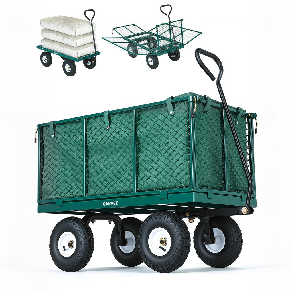 Garvee 800LBS Heavy Duty Steel Garden Cart Wagon with 10" Pneumatic Tires, Removable Mesh Sides, 180° Rotating Handle & Waterproof Bag, Utility Yard Trailer for Lawn, Garden & Farm, Green