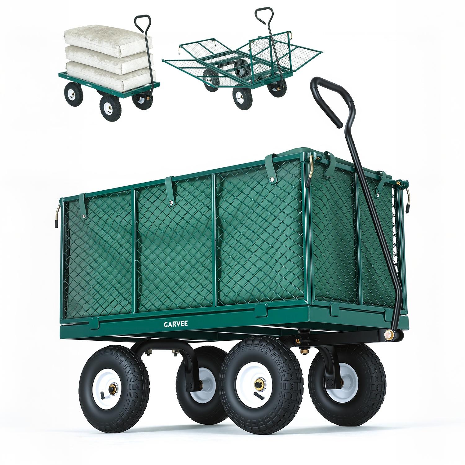 Garvee 800LBS Heavy Duty Steel Garden Cart Wagon with 10" Pneumatic Tires, Removable Mesh Sides, 180° Rotating Handle & Waterproof Bag, Utility Yard Trailer for Lawn, Garden & Farm, Green