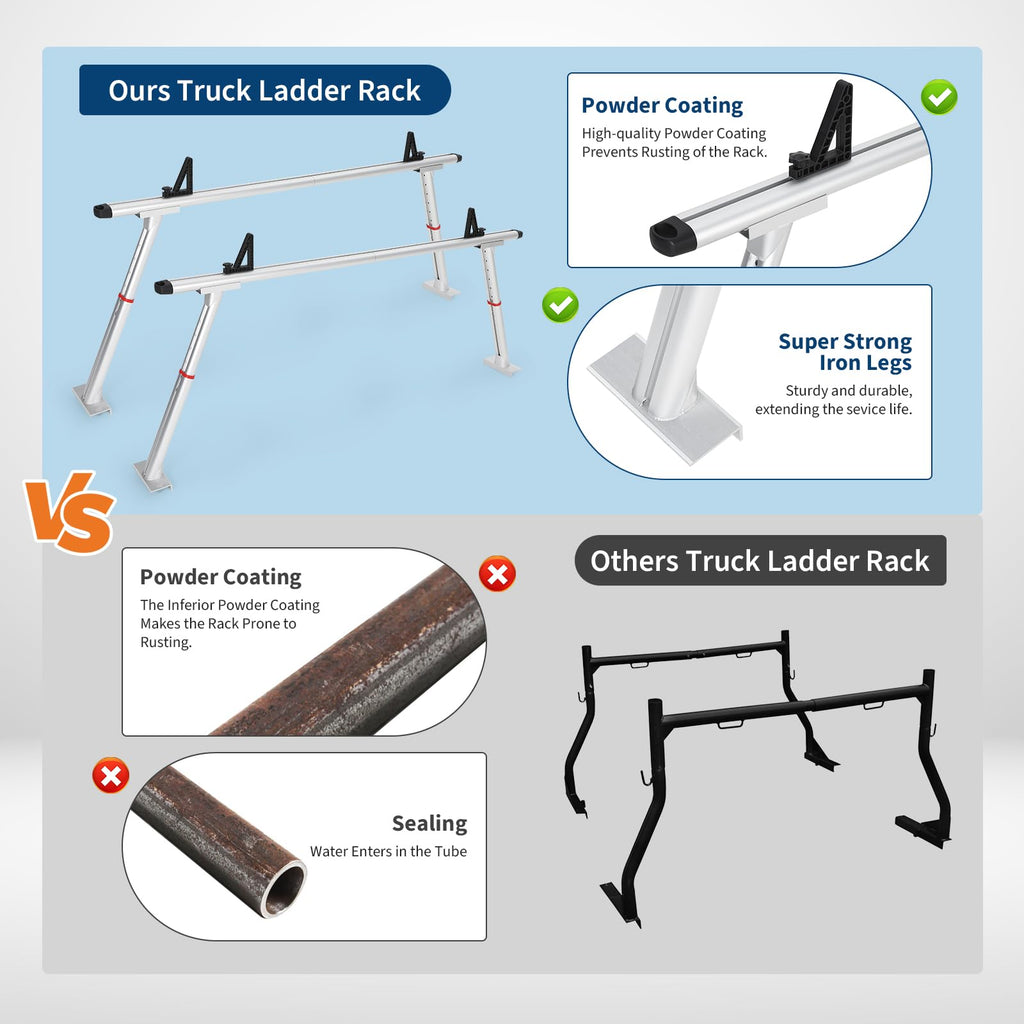 Garvee Adjustable Aluminum Truck Rack 35.4–71", 800 lbs Capacity Two-Bar Ladder Rack with 8 No-Drill C-Clamps, Heavy-Duty Pickup Bed Support for Kayak, Surfboard, Lumber & Ladders - Silver