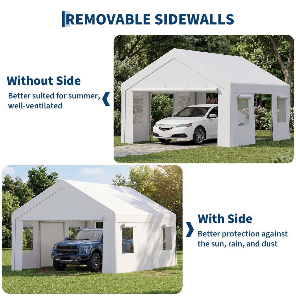 Garvee Portable Carport, 12 x 20 FT Gray Vehicle Shelter with Galvanized Steel Frame, 4 Roll-Up Doors and 4 Vent Windows for Cars, Trucks and Boats