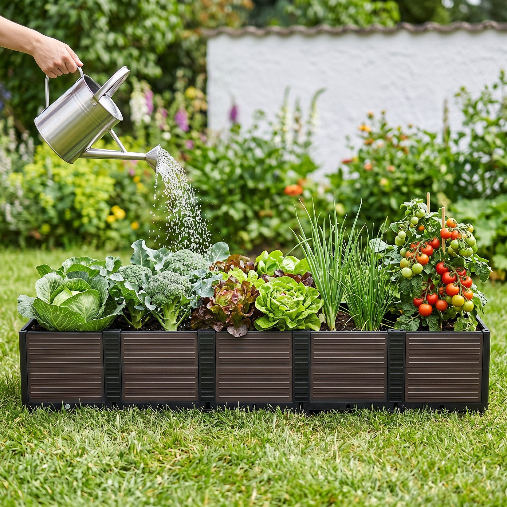 Garvee Modular Raised Garden Bed for Patio and Balcony, 5-Unit PP Self-Watering Planter with Legs and Drainage Plugs, Black and Brown