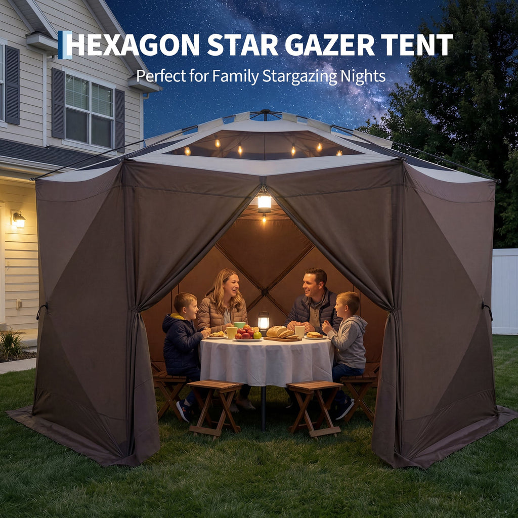 Garvee Screened Gazebo Tent for 8–10 People, 13 × 13 FT 6-Sided Mosquito-Proof Canopy with Wind Panels and Carry Bag, Khaki and Beige