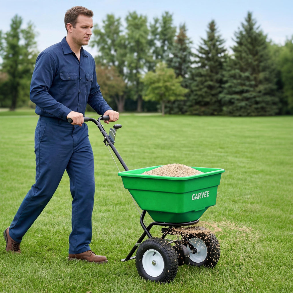 Garvee 100 lb Push Broadcast Spreader, T-Handle Walk-Behind Lawn & Garden Fertilizer Spreader with 58 L Hopper, 0–12 ft Coverage, 13" All-Terrain Wheels & 20-Level Flow Control for Seed, Fertilizer, Salt & Ice Melt, Green/Black