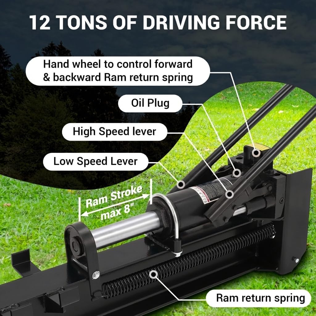 Garvee Hydraulic Log Splitter Wood Cutter 12 Ton Manual Powerful Steel Beam Spring-Loaded Return Knob Built-in Wheels Portable for Outdoor Use