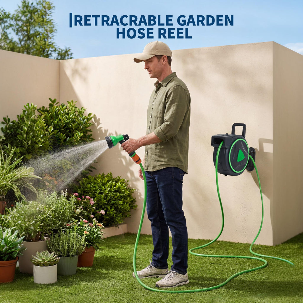 Garvee 1/2" x 65 FT Retractable Garden Hose Reel, Wall-Mounted Auto Rewind Water Hose Reel with Any-Length Lock & 180° Swivel Bracket