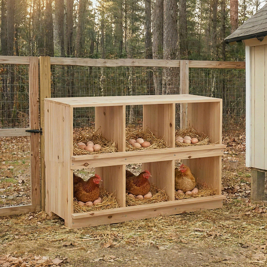 Garvee Double-Tier Wooden Chicken Nesting Box – Wall-Mounted or Floor-Standing, Six Compartments, Roll-Away Egg Collection, Perch, Sun-Resistant for Backyard Poultry Coops and Farms, 6-Compartment Double Layer