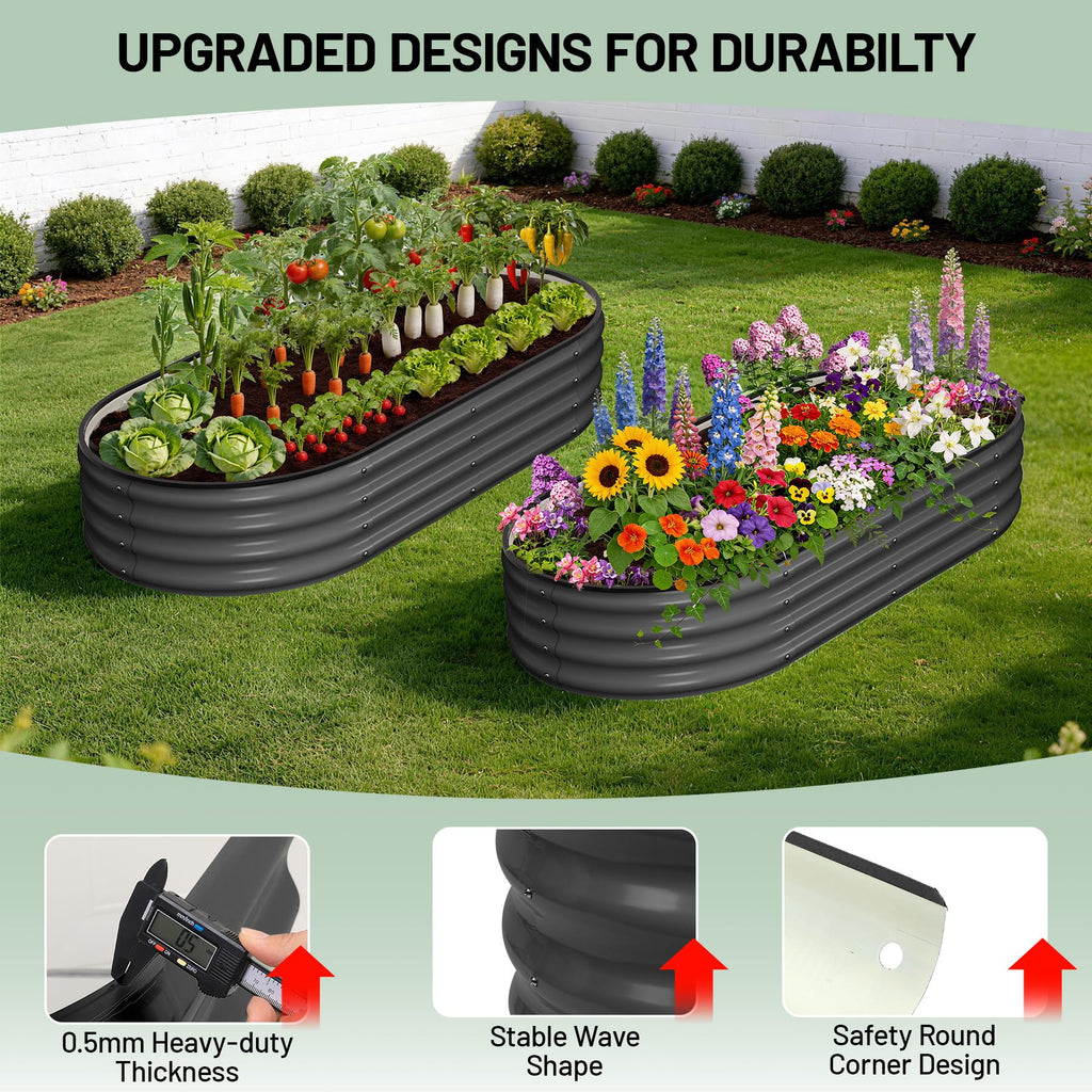 Garvee Raised Garden Beds, 2 Pack 4 x 2 x 1 ft Oval Galvanized Metal Planter Boxes with 0.5 mm Steel, Open Bottom & Rubber Edging for Vegetables, Herbs & Flowers, Dark Gray