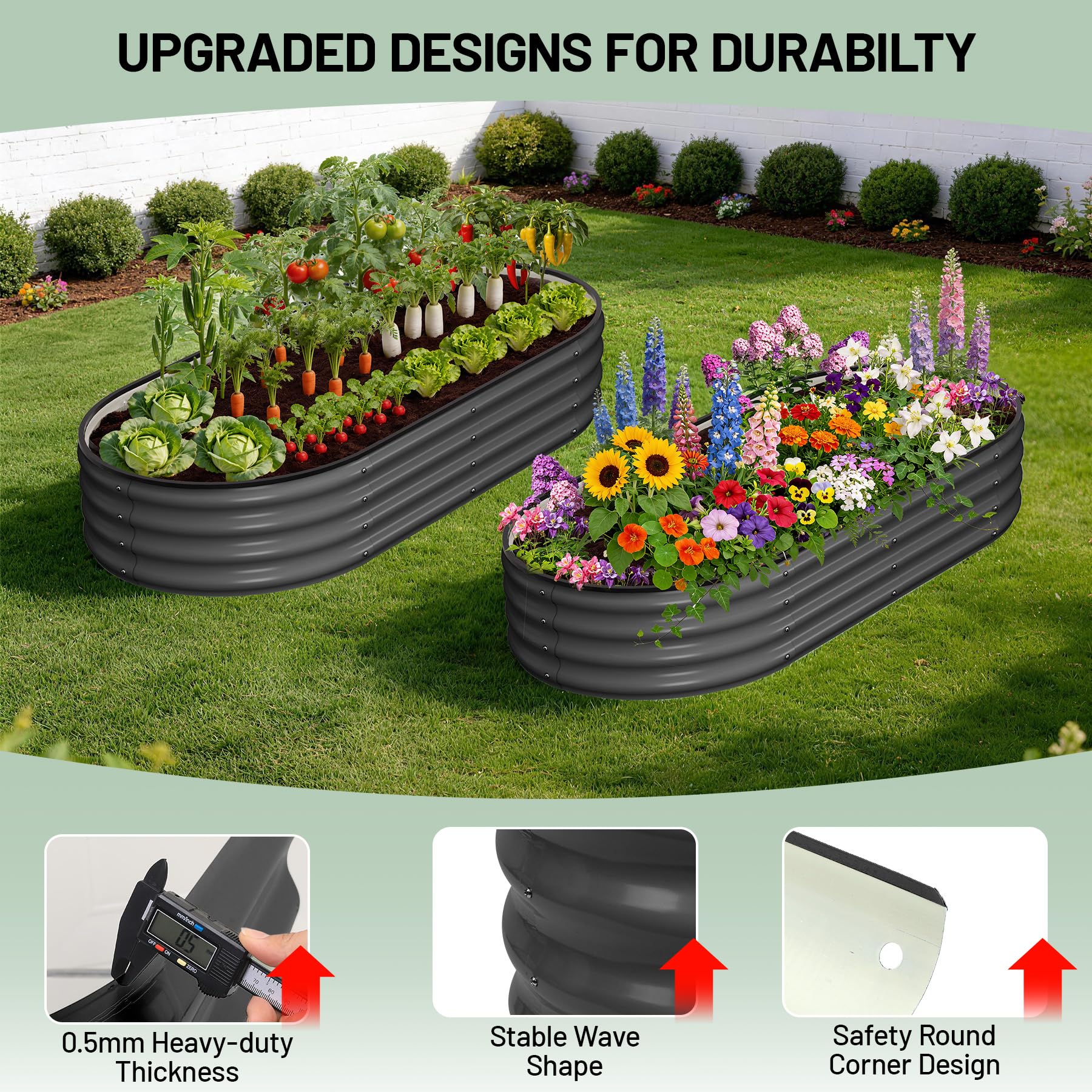 Garvee Raised Garden Beds, 2 Pack 4 x 2 x 1 ft Oval Galvanized Metal Planter Boxes with 0.5 mm Steel, Open Bottom & Rubber Edging for Vegetables, Herbs & Flowers, Dark Gray