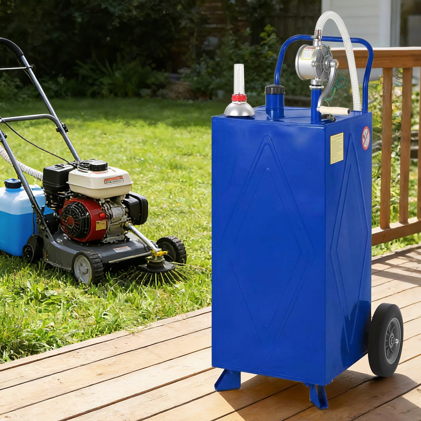 Garvee 35 Gallon Portable Fuel Gas Caddy Storage Tank – Reinforced 2-Wheel, 2-Support Design, Manual Rotary Pump, Vented Cap, Level Gauge, Fuel Hose – Gasoline/Fuel Transfer for ATV, Tractor, Mower, Car, Boat – Reinforced 2-wheel, 2-support version - Blue