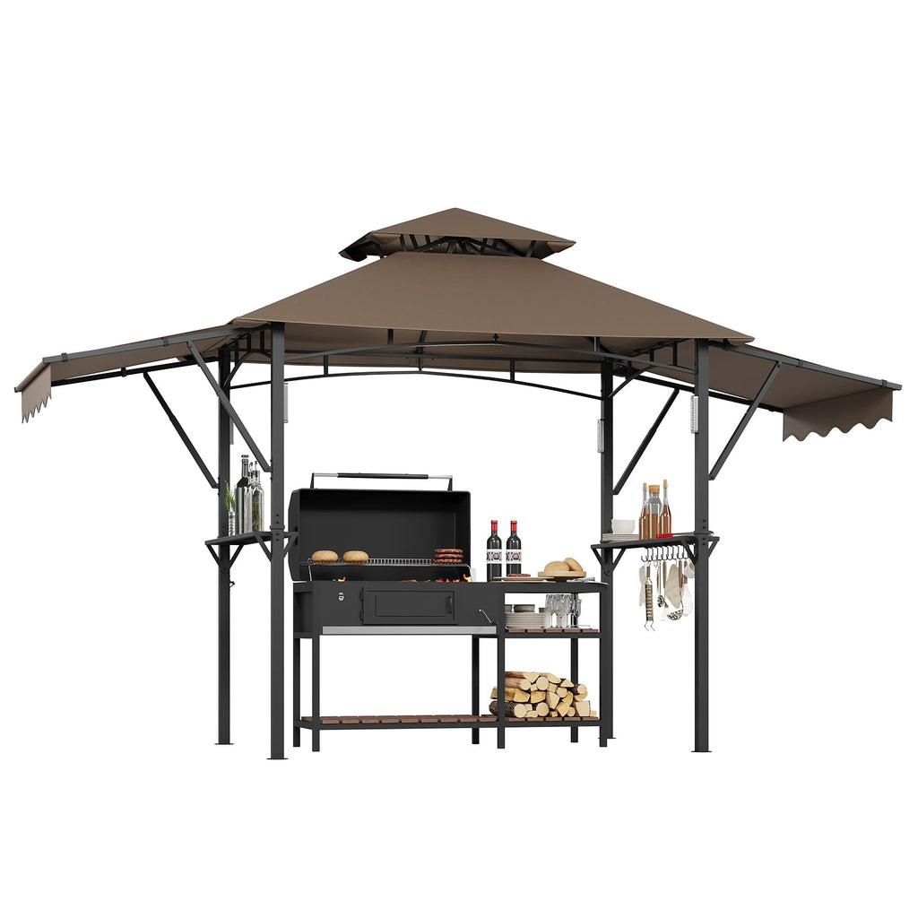 Garvee 8' × 5' Grill Gazebo with Dual Adjustable Awnings, 2-Tier Ventilated Canopy, Steel Frame, 2 Shelves & 7 Hooks, Brown