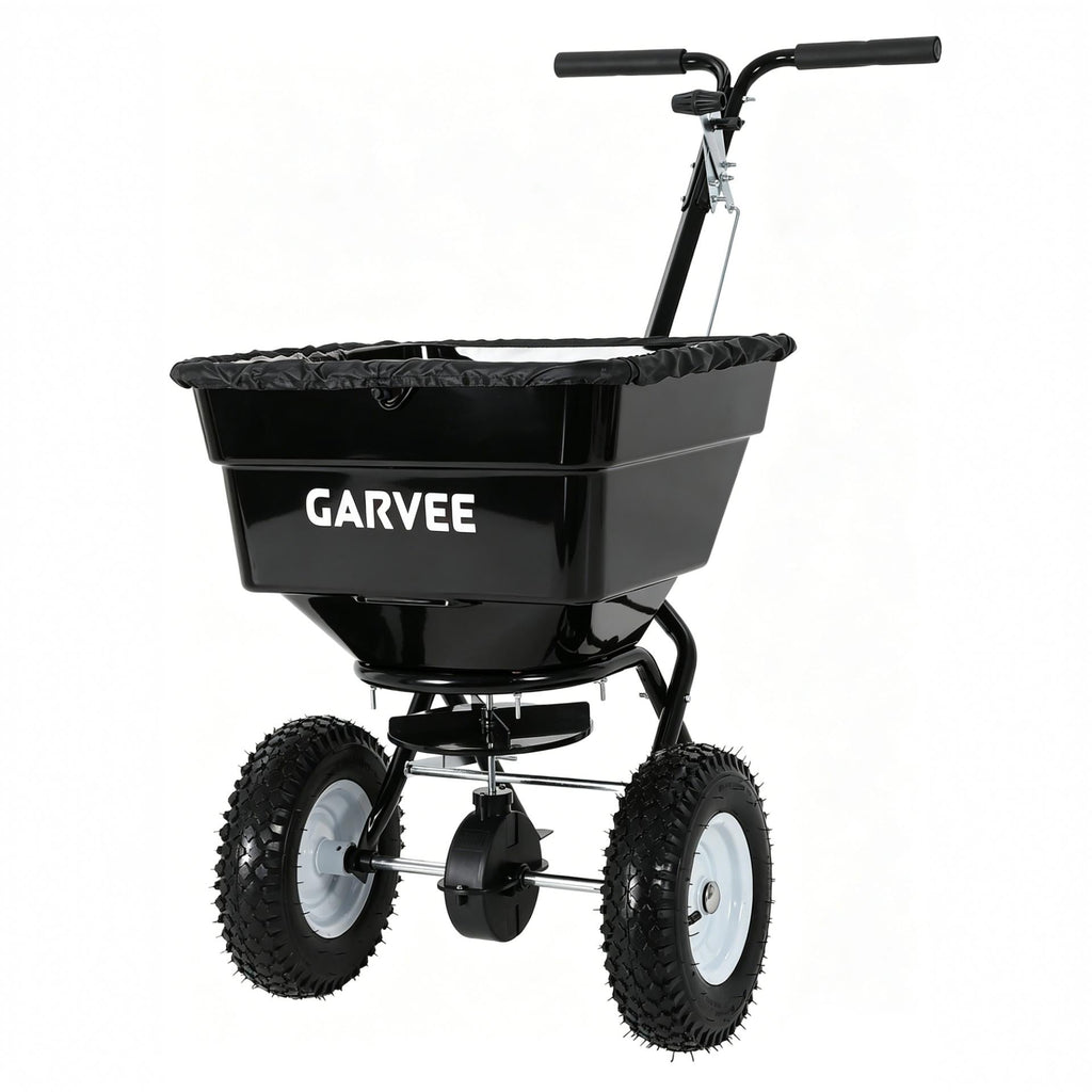Garvee 100 lb Push Broadcast Spreader, T-Handle Walk-Behind Lawn & Garden Fertilizer Spreader with 58 L Hopper, 0–12 ft Coverage, 13" All-Terrain Wheels & 20-Level Flow Control for Seed, Fertilizer, Salt & Ice Melt, Green/Black
