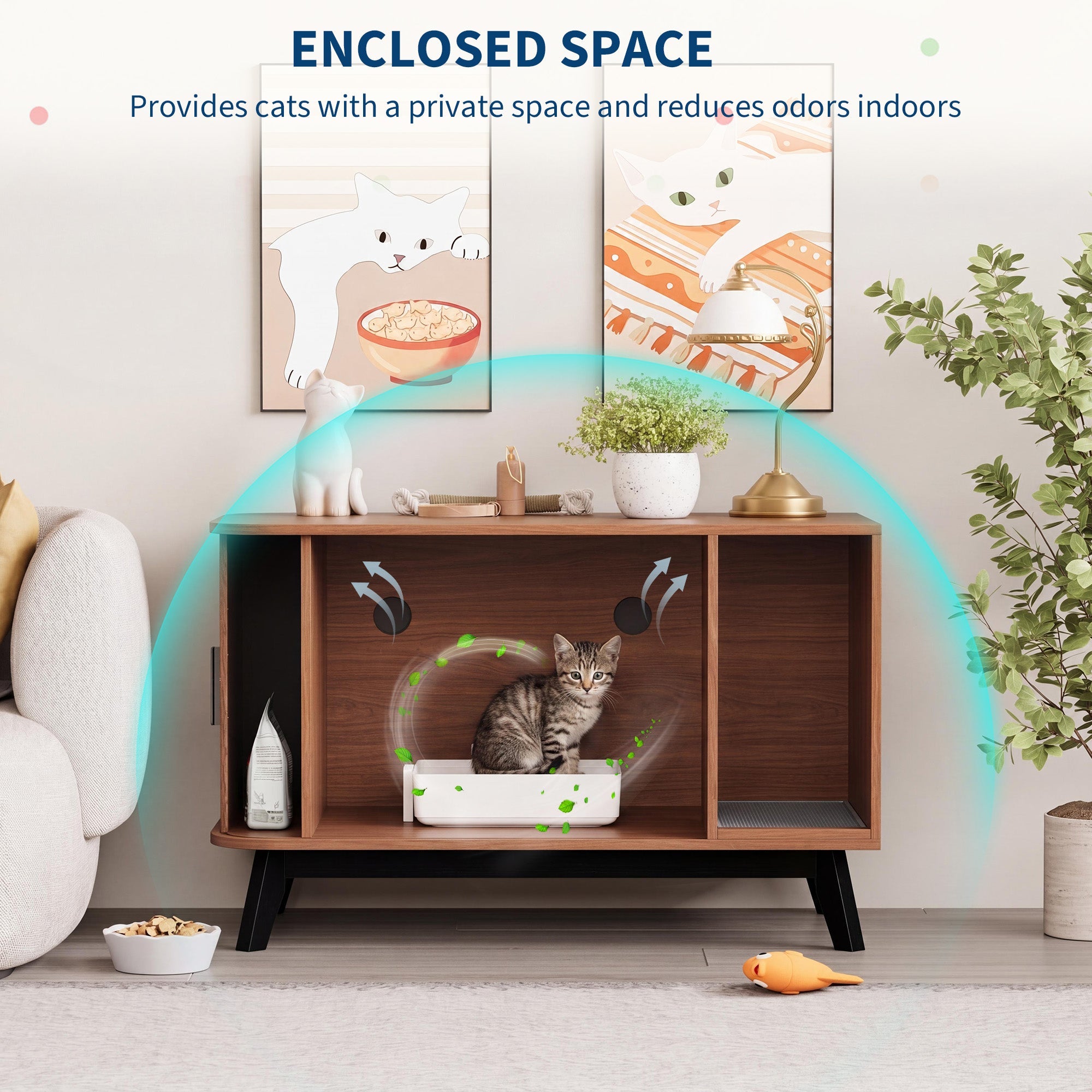 Garvee Modern Hidden Cat Litter Box Furniture – 39" Cat House End Table with Sliding Door, Litter Mat, Multi-Functional Pet Enclosure for Living Room – Walnut