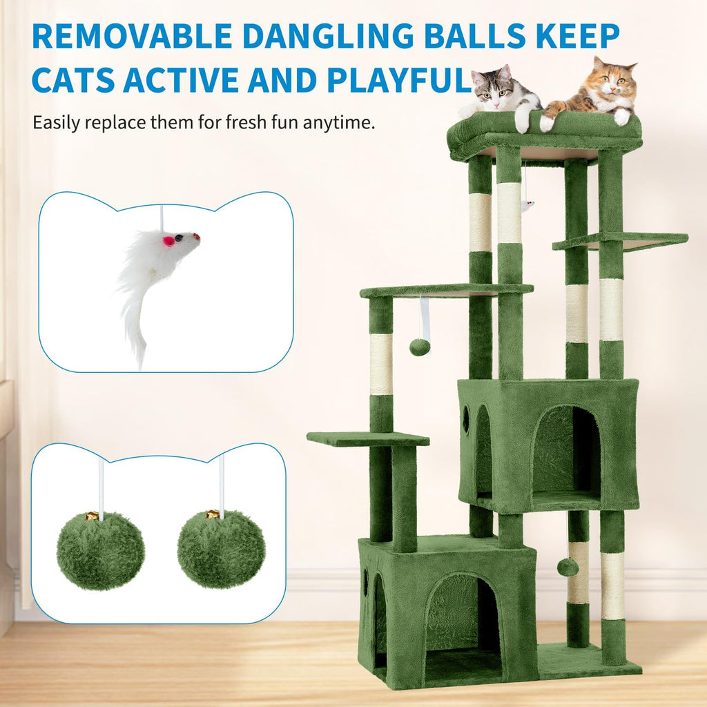 Garvee 61" Multi-Level Cat Tree for Indoor Cats, Heavy-Duty Tower for Large Adult & Maine Coon Cats with Oversized Perch, Dual Condos, Natural Sisal Scratching Posts & Play Toys – Green