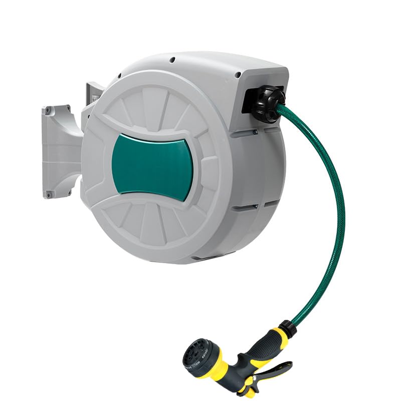 Garvee 50 FT Retractable Garden Hose Reel, 1/2 in PVC Hose with Auto Rewind, 180° Swivel Wall Mount & 8-Pattern Nozzle for Garden and Car Washing