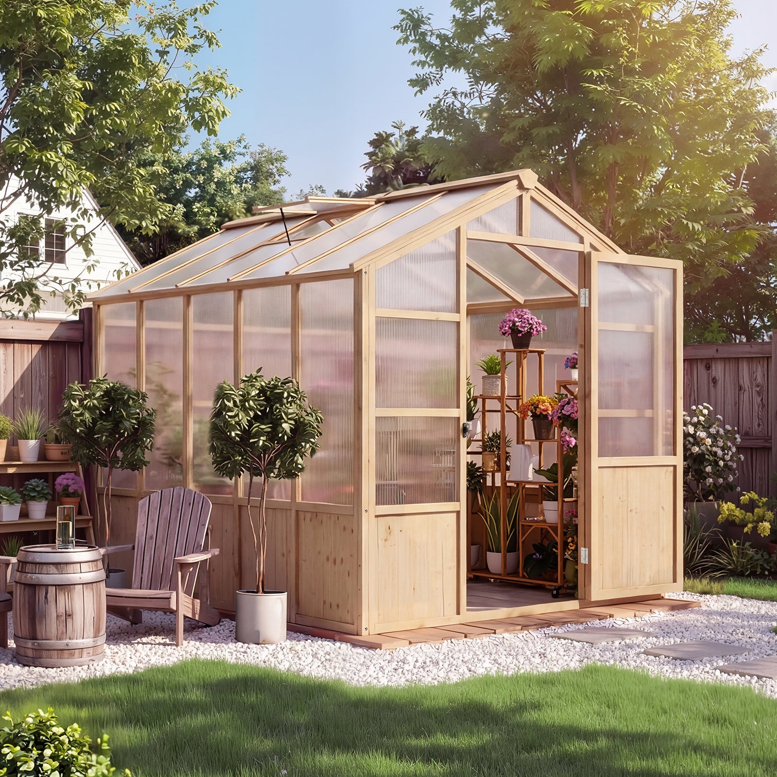 Garvee 6' x 10' Wooden Walk-In Greenhouse Kit, Outdoor Green House with Natural Spruce Wood Frame, Polycarbonate Panels, Ventilated Windows & Lockable Door for Garden, Backyard, Patio & Lawn