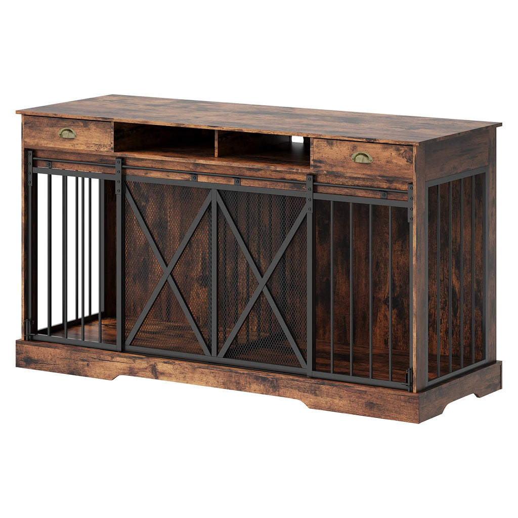 Garvee Heavy Duty Double Dog Crate Furniture for 2 Large or Medium Dogs – Wooden Kennel, Removable Divider, Lockable Sliding Doors, Drawers & Open Shelves, Indoor Pet Cage TV Stand – 63 Inches